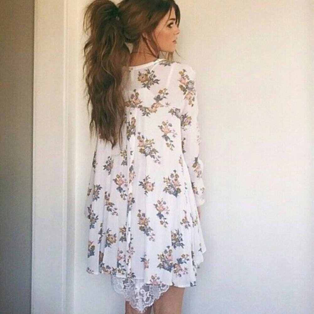 Free People White Floral Print Swing Tunic Mini Dress M